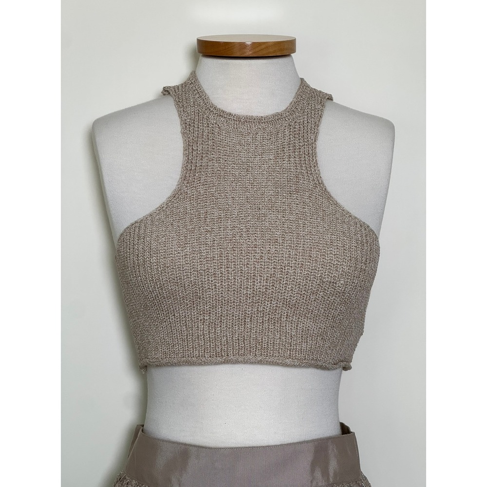 Sweater Knit Crop Tank Top S Beige Sleeveless High Neck Boho Festival Neutral